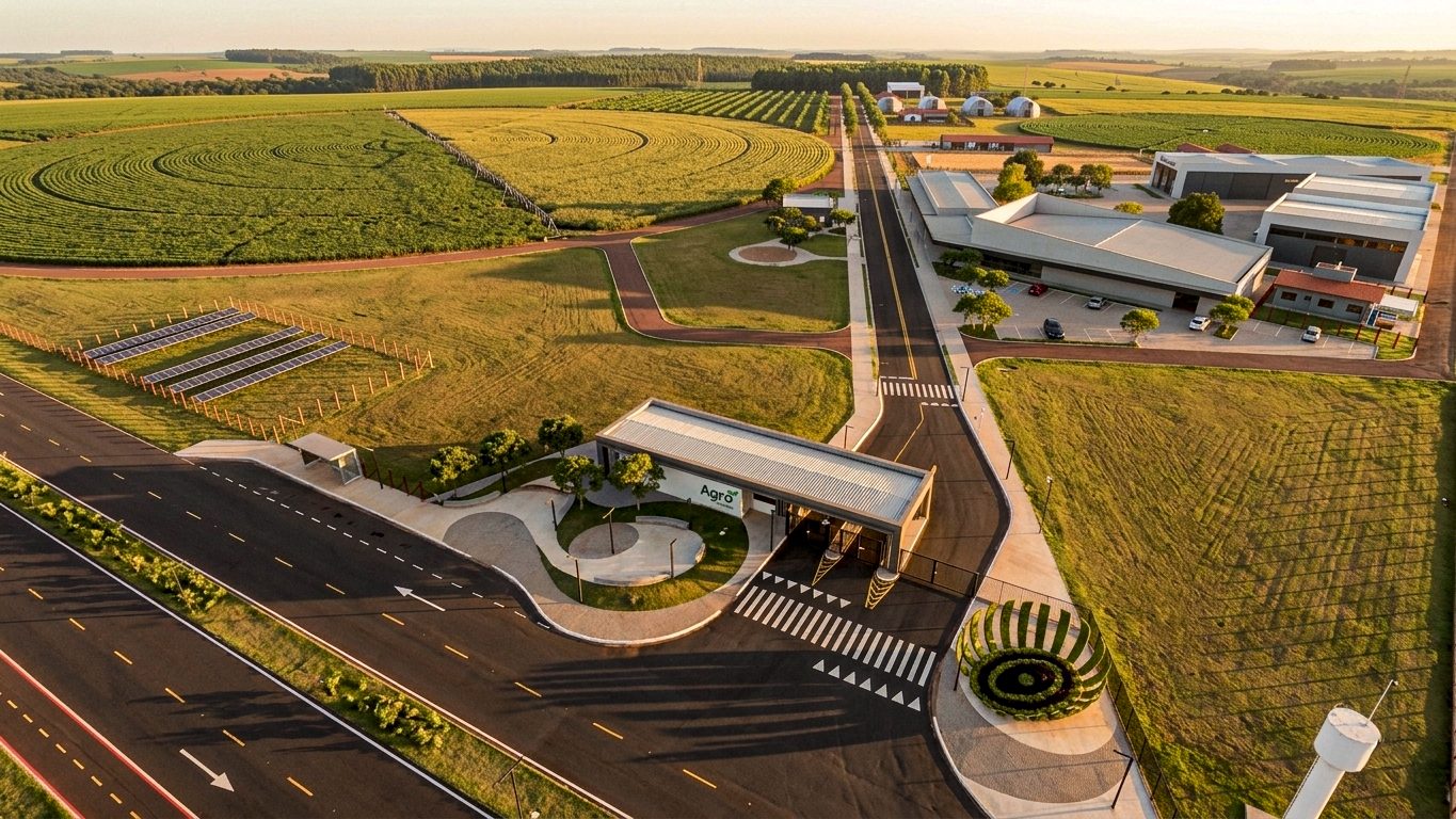 Vista aérea da Cidade do Agro — portaria, lavouras com pivô e galpões ao pôr do sol
